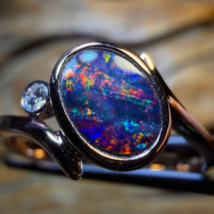 10k Rose Gold - Queensland Boulder Opal Top Red Multi Doublet Diamond Ring