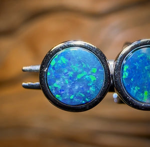 Sterling Silver - Australian Boulder Opal Doublet Stud Earrings Blue/Green. Bulk Listing