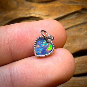 Sterling Silver - “Beading Heart” Queensland Boulder Opal Doublet Pendant. NEW Antique Style Beaded Design