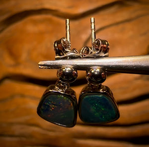 Sterling Silver - Australian Boulder Opal Doublet Drop Stud Earrings