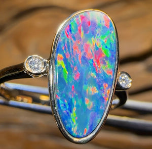 14k Gold - Queensland Boulder Doublet Opal Ring with Diamonds - Opal Whisperers