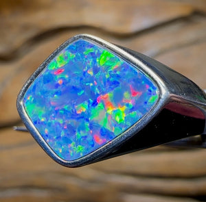 Sterling Silver - Large Unisex Queensland Boulder Opal Doublet Ring - Opal Whisperers