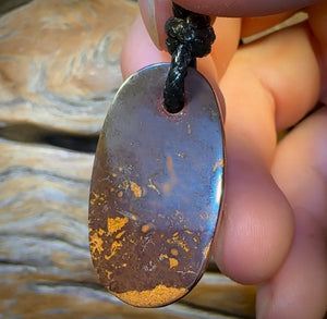33 x 18mm - Black Tribal Drilled Boulder Opal Pendant w/ Eco Friendly Vegan Cord