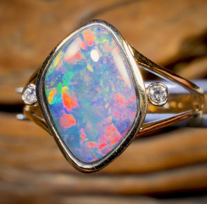 Bague double en or 14 carats - « Jardin fleuri » avec opale boulder du Queensland