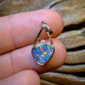 14k Gold - Queensland Boulder Opal Doublet and Diamond Pendant Red
