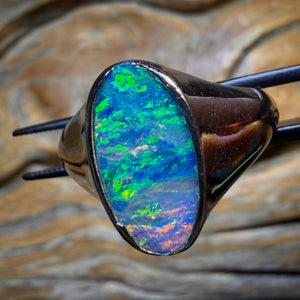 Sterling Silver - Large Queensland Boulder Opal Doublet Ring. MEN / UNISEX
