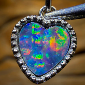 Sterling Silver - “Beading Heart” Queensland Boulder Opal Doublet Pendant. NEW Antique Style Beaded Design