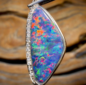 14k Gold - Queensland Boulder Opal Doublet Pendant Top Red Multi Fire with Diamonds New 2026