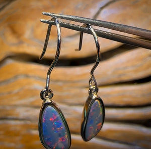 Sterling Silver - Top Australian Boulder Opal Doublet Hook Earrings with Red