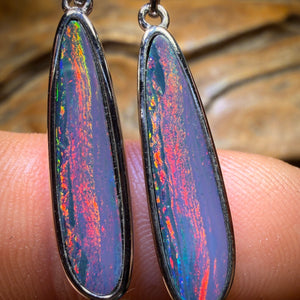 Sterling Silver - Australian Boulder Opal Doublet Drop Stud Earrings. Best Big Red Multicolour