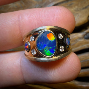 14k Gold - NEW Isaac Design TOP Queensland Boulder UNISEX Opal Doublet and Diamond Ring Harlequin Style Pattern