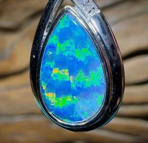 14k White Gold - Australian Boulder Opal Doublet Pendant. Rare Ribbon Pattern. - Opal Whisperers