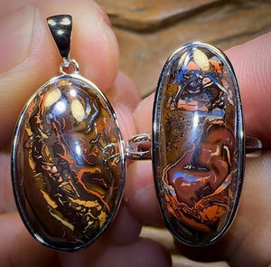 MUMMY DADDY Sterling Silver - Solid Queensland Boulder Opal Ring and Pendant Set