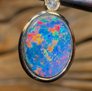 14k Gold - Queensland Boulder Opal Doublet Pendant with Diamond - Opal Whisperers