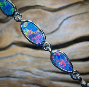 Sterling Silver - Australian Boulder Doublet Opal Bracelet Top Red Orange Multi Colour