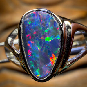 Sterling Silver - Queensland Boulder Opal Doublet Ring Top Top Red Multi