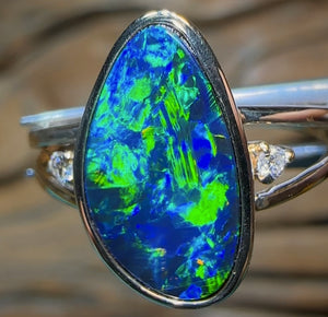 14k Gold - Queensland Boulder Doublet Opal Ring with Diamonds - Opal Whisperers
