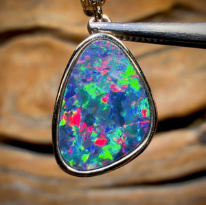 14k Gold - Queensland Boulder Opal Doublet Pendant Top Red Multi Fire New 2026 Diamonds
