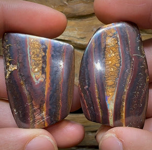 244.5cts - “Twin Caves” Koroit Nut Opal. TRIBAL PATTERN Picture Landscape Pair - Opal Whisperers