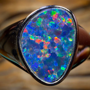 Top Multi Fire Unisex Sterling Silver - Queensland Boulder Opal Doublet Ring HALF PRICE