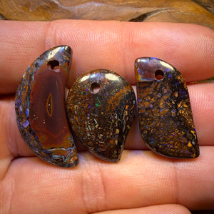 60.7cts - 3x Drilled Tribal Queensland Boulder Opals. BARGAIN Wholesale Parcel