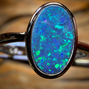 Sterling Silver - Queensland Boulder Opal Doublet Ring. Top Electric Green Blue