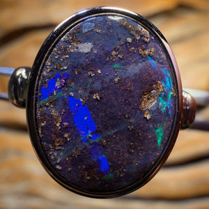 Sterling Silver - Solid Queensland Boulder Black Opal Ring