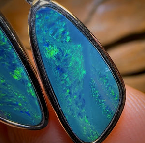 Sterling Silver - Large Australian Boulder Opal Doublet Drop Stud Earrings