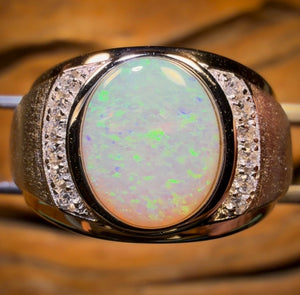 Sterling Silver - Large Unisex Solid South Australian Crystal Opal Ring