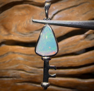 Sterling Silver - Solid South Australian Crystal Opal “Key to my Heart” Pendant