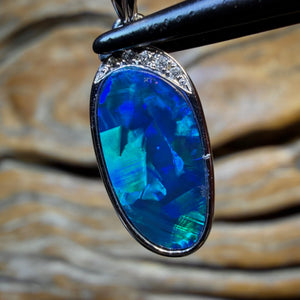 14k White Gold - Queensland Boulder Opal Doublet and Diamond Pendant