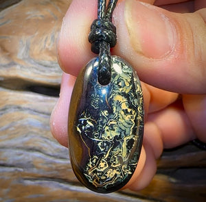 33 x 18mm - Black Tribal Drilled Boulder Opal Pendant w/ Eco Friendly Vegan Cord