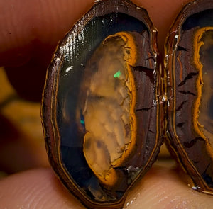 28.1cts - Yowah Nut Crystal Centre Rough Pair with Suspended Black Crystal Fire Highlights