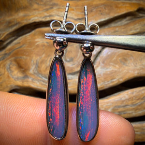 Sterling Silver - Australian Boulder Opal Doublet Drop Stud Earrings. Best Big Red Multicolour