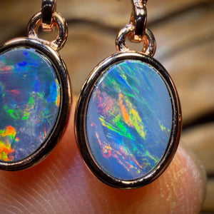 Sterling Silver Rose Gold Plated - Australian Boulder Opal Doublet Drop Stud Earrings