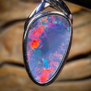 Sterling Silver - Australian Boulder Opal Doublet Pendant Top Red Fire