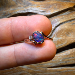 10k Rose Gold - Queensland Boulder Opal Top Red Multi Doublet Diamond Ring