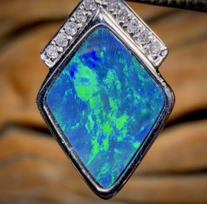 14k White Gold - Queensland Boulder Opal Doublet Pendant Old Gold and Diamond Bargain Price