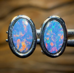 Sterling Silver - Australian Boulder Opal Doublet Stud Earrings Red/Multi. Bulk Listing