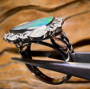 14k White Gold - Solid Lightning Ridge Black Opal Ring