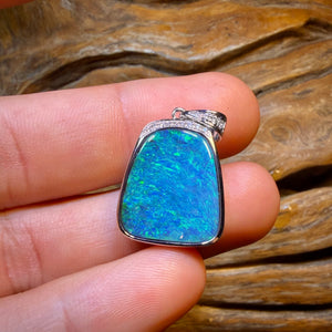 TGIF 10k White Gold - Solid Top Scandinavian Aka Ice Blue, Queensland Boulder Opal Pendant w/ Diamonds