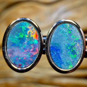 Sterling Silver - Australian Boulder Opal Doublet Stud Earrings Red / Multi. BULK LISTING