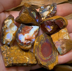 140.1g - 8x Mixed Queensland Boulder Opal Rough Pieces with Crystal Centres - Opal Whisperers