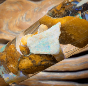 122,3 ct – Phiole mit Yowah-Nussopal-Rohstein und fossilem Opal