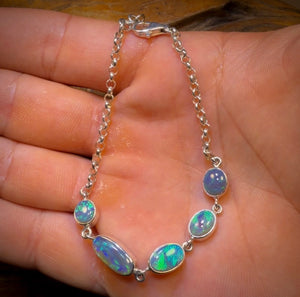 Sterling Silver - Best Solid Lightning Ridge Crystal Opal Bracelet