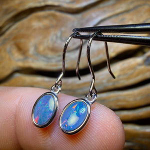 Sterling Silver - Top Australian Boulder Opal Doublet Hook Earrings Red / Multi. BULK LISTING