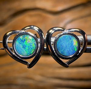 Sterling Silver - Australian Boulder Opal Doublet Heart Stud Earrings Green/Blue. Bulk Listing