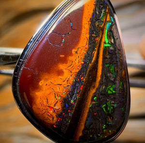 Landscape MUMMY Sterling Silver - Solid Tribal Boulder Opal Picture Stone Ring with Electric Colours