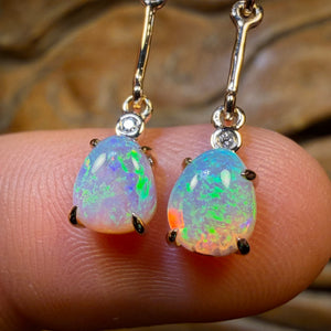 14k Gold - South Australian Top Crystal Opal Drop Stud Diamond Earrings