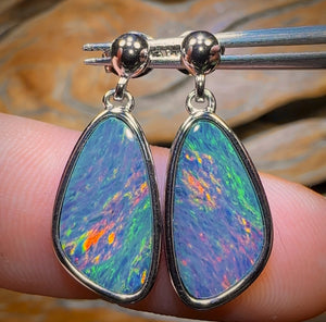 Sterling Silver - Australian Boulder Opal Doublet Drop Stud Earrings